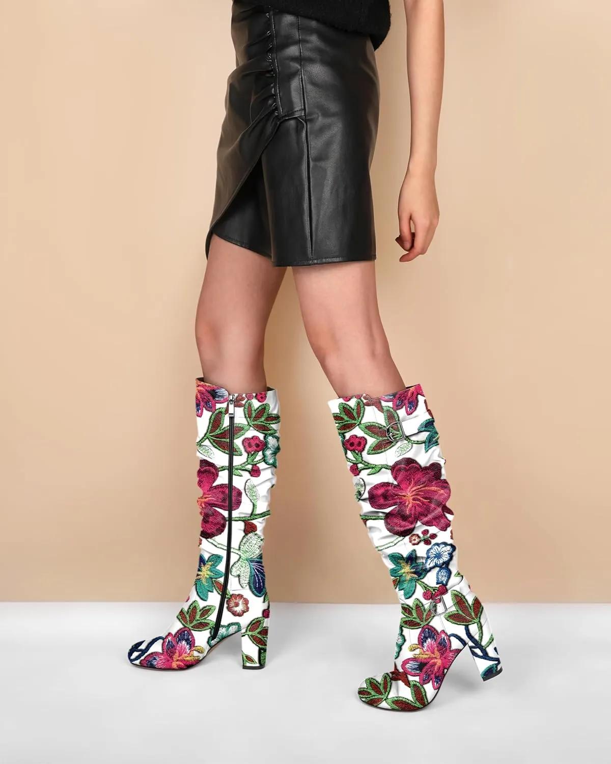 Zamikoo Slouchy High Heel Boots for Women Knee High Chunky Heel Boots Round Toe Slouch Metal Buckle Side Zipper Tall Boots 3.5 Inches