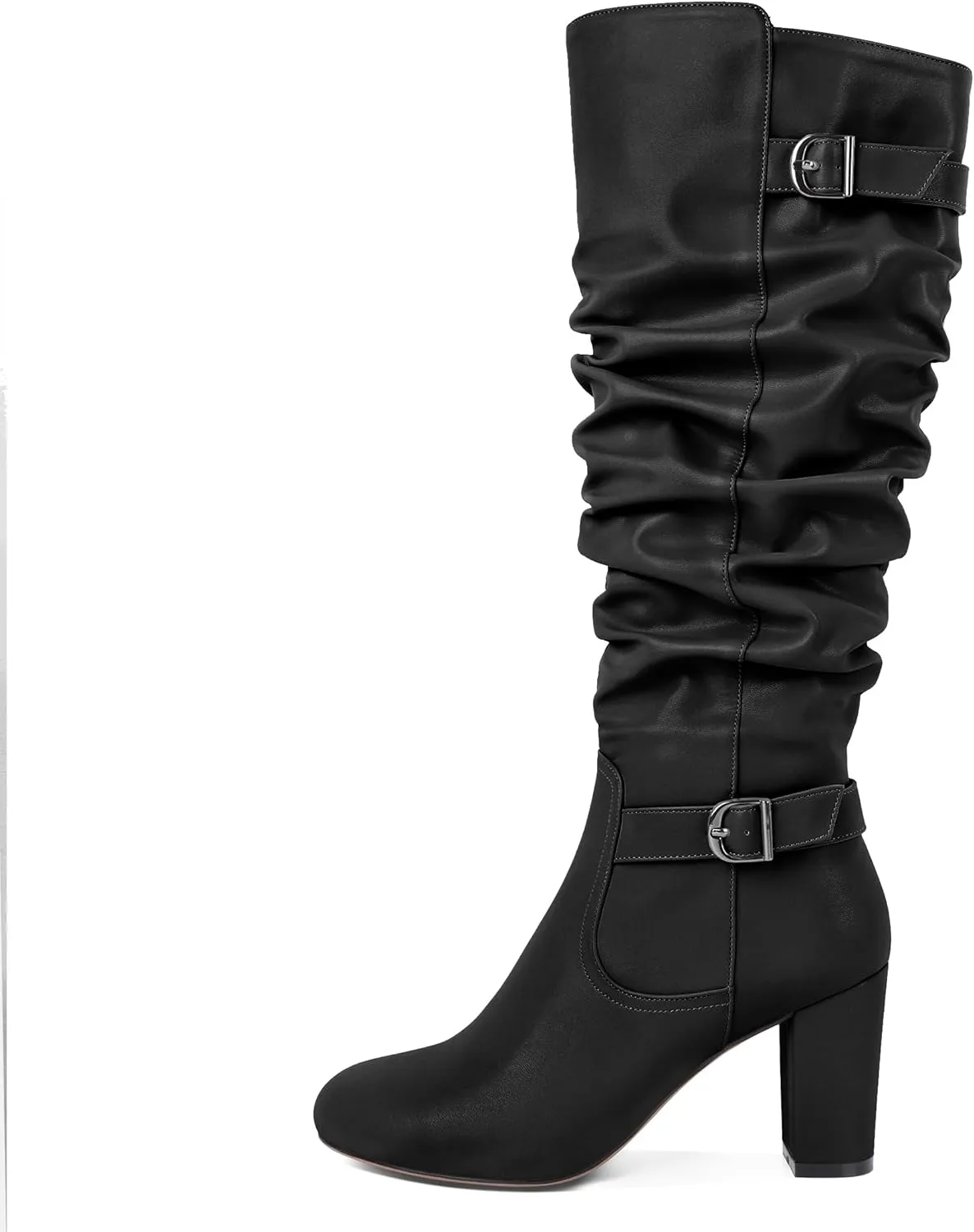 Zamikoo Slouchy High Heel Boots for Women Knee High Chunky Heel Boots Round Toe Slouch Metal Buckle Side Zipper Tall Boots 3.5 Inches