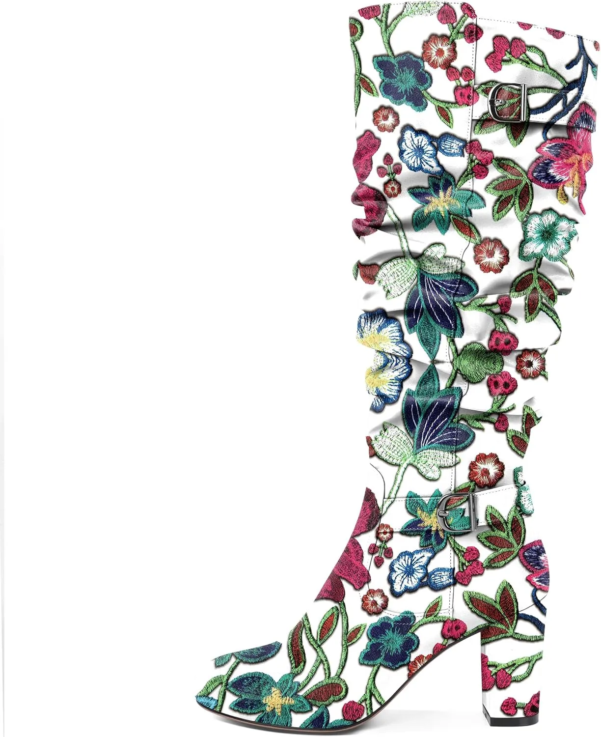 Zamikoo Slouchy High Heel Boots for Women Knee High Chunky Heel Boots Round Toe Slouch Metal Buckle Side Zipper Tall Boots 3.5 Inches
