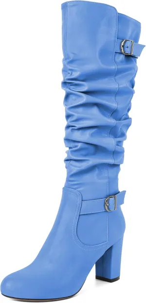 Zamikoo Slouchy High Heel Boots for Women Knee High Chunky Heel Boots Round Toe Slouch Metal Buckle Side Zipper Tall Boots 3.5 Inches