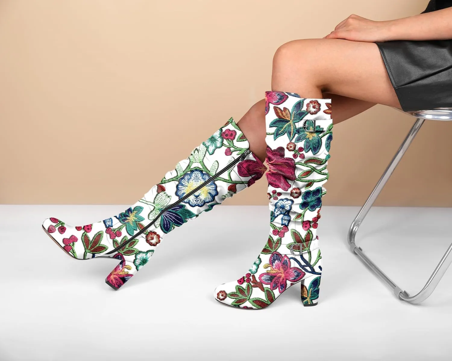 Zamikoo Slouchy High Heel Boots for Women Knee High Chunky Heel Boots Round Toe Slouch Metal Buckle Side Zipper Tall Boots 3.5 Inches
