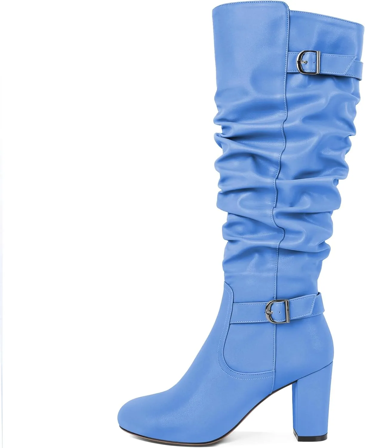 Zamikoo Slouchy High Heel Boots for Women Knee High Chunky Heel Boots Round Toe Slouch Metal Buckle Side Zipper Tall Boots 3.5 Inches