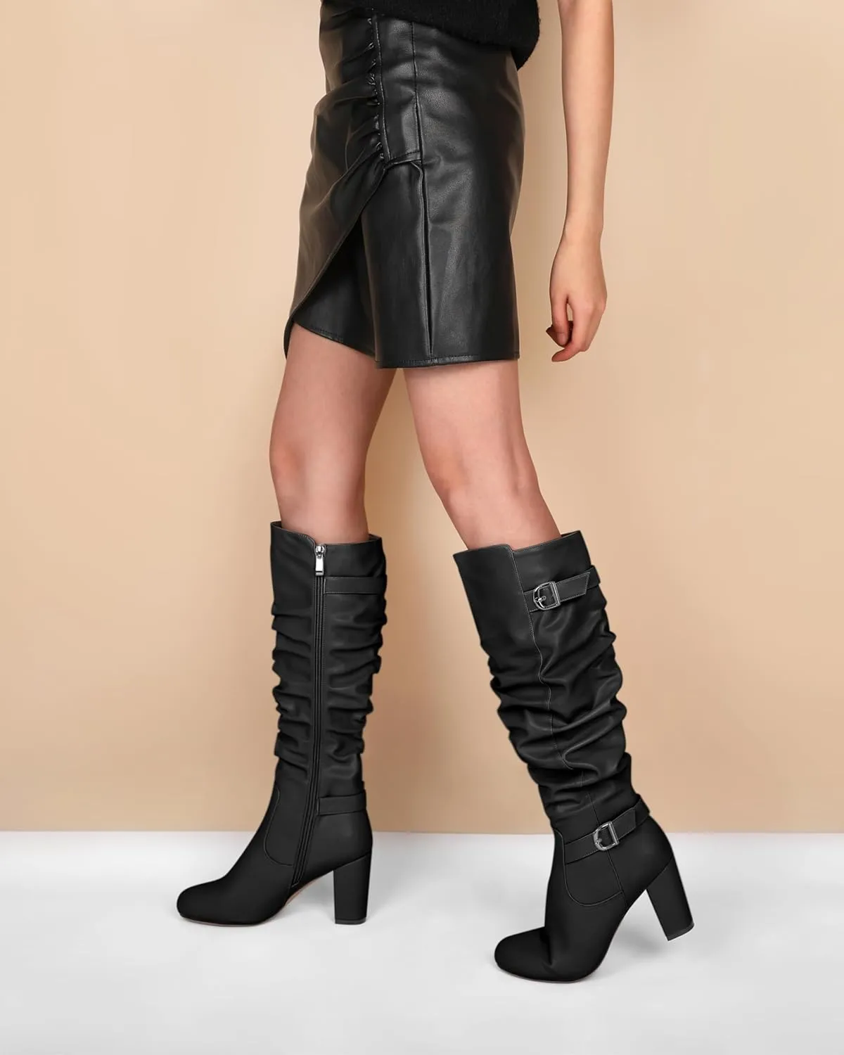 Zamikoo Slouchy High Heel Boots for Women Knee High Chunky Heel Boots Round Toe Slouch Metal Buckle Side Zipper Tall Boots 3.5 Inches