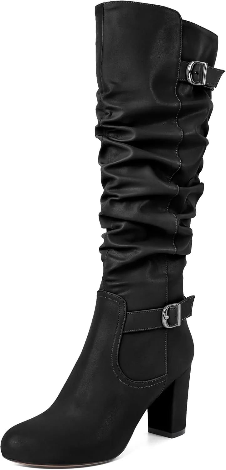 Zamikoo Slouchy High Heel Boots for Women Knee High Chunky Heel Boots Round Toe Slouch Metal Buckle Side Zipper Tall Boots 3.5 Inches