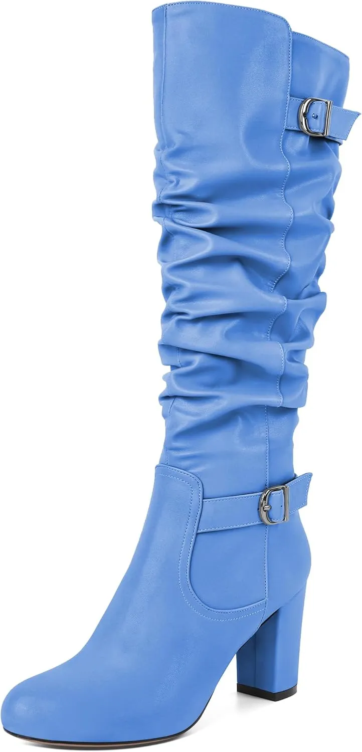 Zamikoo Slouchy High Heel Boots for Women Knee High Chunky Heel Boots Round Toe Slouch Metal Buckle Side Zipper Tall Boots 3.5 Inches