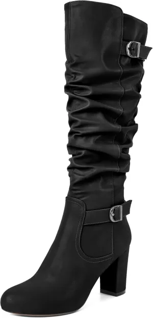 Zamikoo Slouchy High Heel Boots for Women Knee High Chunky Heel Boots Round Toe Slouch Metal Buckle Side Zipper Tall Boots 3.5 Inches