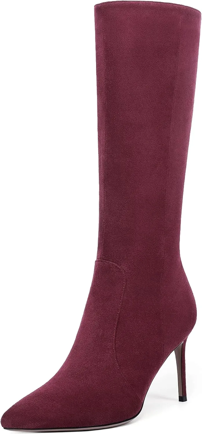 Zamikoo Women's Knee High Boots, Pointed Toe High Heel Thigh High Boots, Dressy Sexy Stiletto Heel Tall Boots, Zip Closure with Fur 3.5 Inch