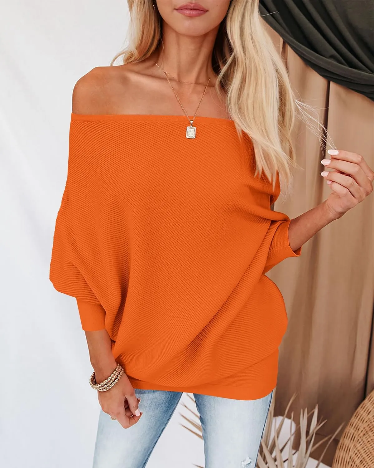 Zenlonr Women's Fall Sweaters 2025 Casual Long Batwing Sleeve Loose Off Shoulder Knit Pullovers Jumper Tops