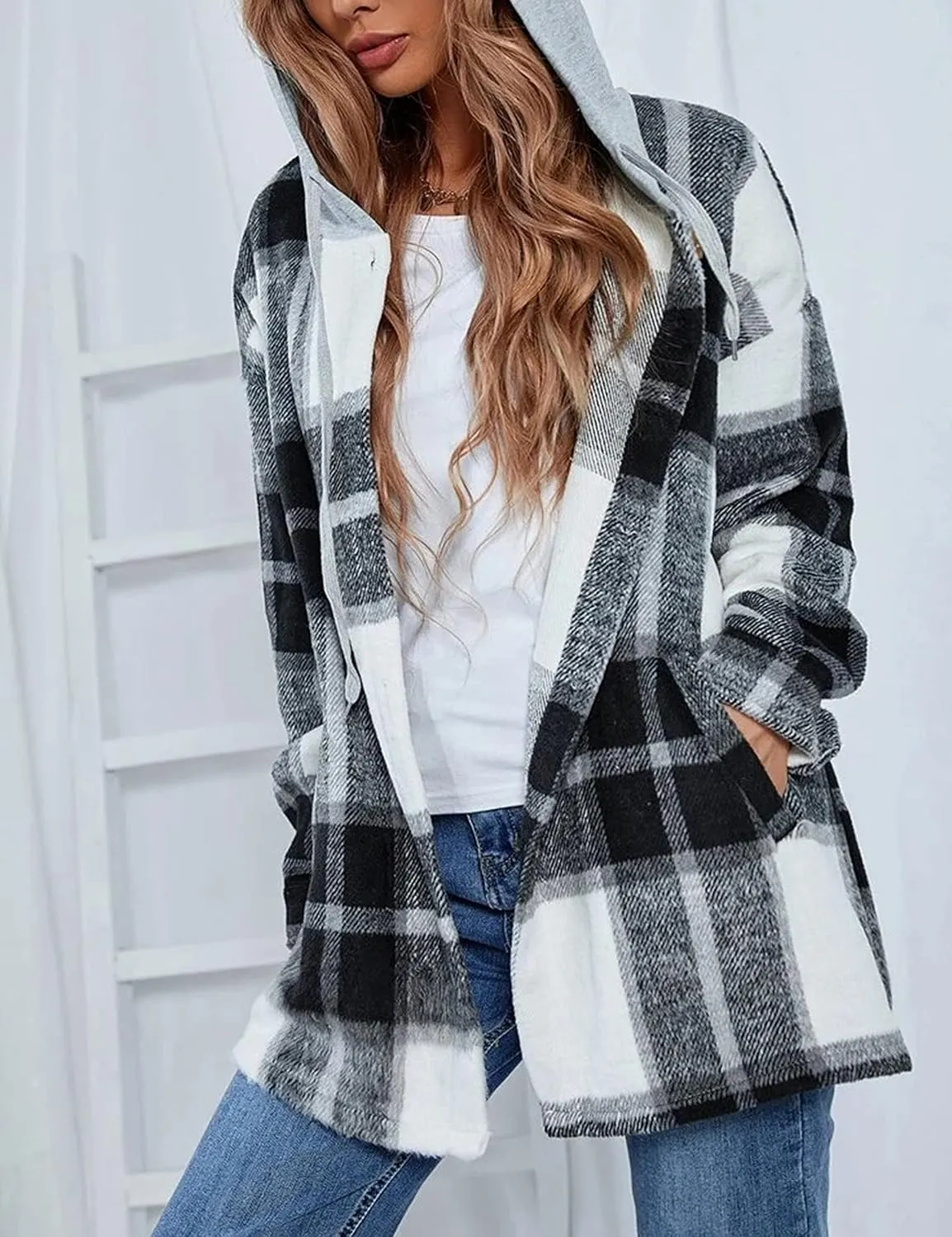 Zontroldy Womens Hooded Shacket Jacket Oversized Casual Flannel Plaid Wool Blend Button Down Shirt Coat Jackets