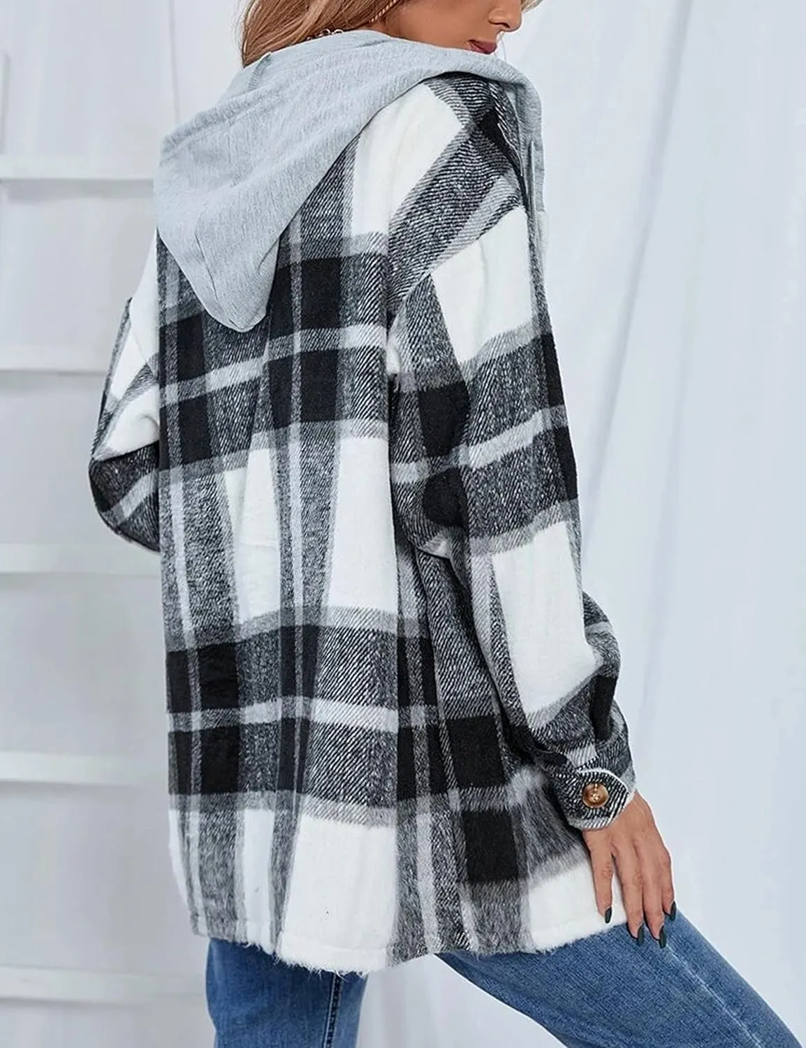 Zontroldy Womens Hooded Shacket Jacket Oversized Casual Flannel Plaid Wool Blend Button Down Shirt Coat Jackets