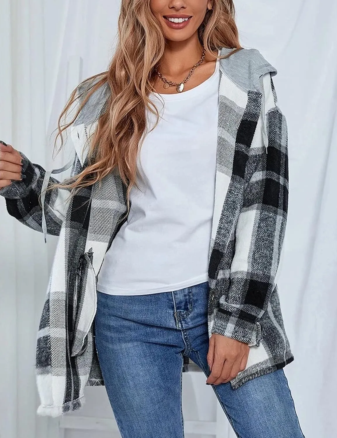 Zontroldy Womens Hooded Shacket Jacket Oversized Casual Flannel Plaid Wool Blend Button Down Shirt Coat Jackets