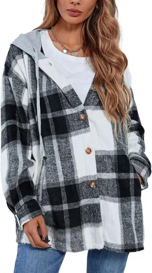 Zontroldy Womens Hooded Shacket Jacket Oversized Casual Flannel Plaid Wool Blend Button Down Shirt Coat Jackets